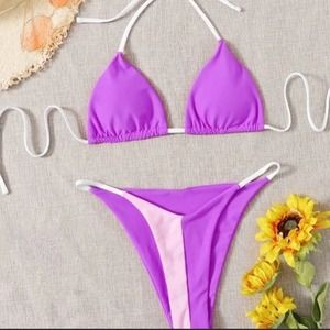 Purple color block halter knot triangle padded top thong bikini swimsuit Sz M